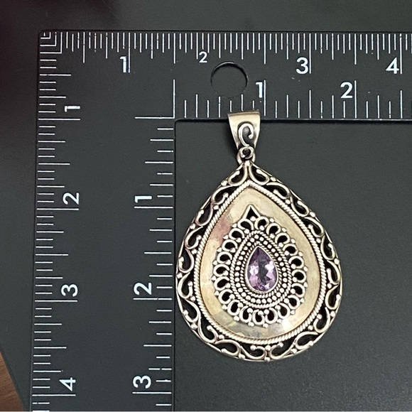 Vintage DP 925 Sterling Silver Filigree Bali Amethyst Large Teardrop Pendant 26g - Picture 9 of 16